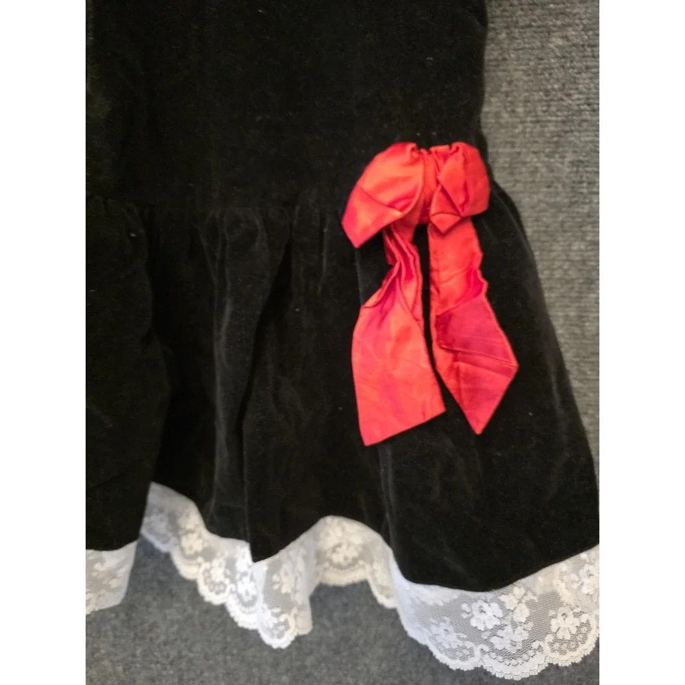 Vtg Jo Lene Dress Girls 4T Black Velvet Lace Collar Puff Sleeve‎ Party USA